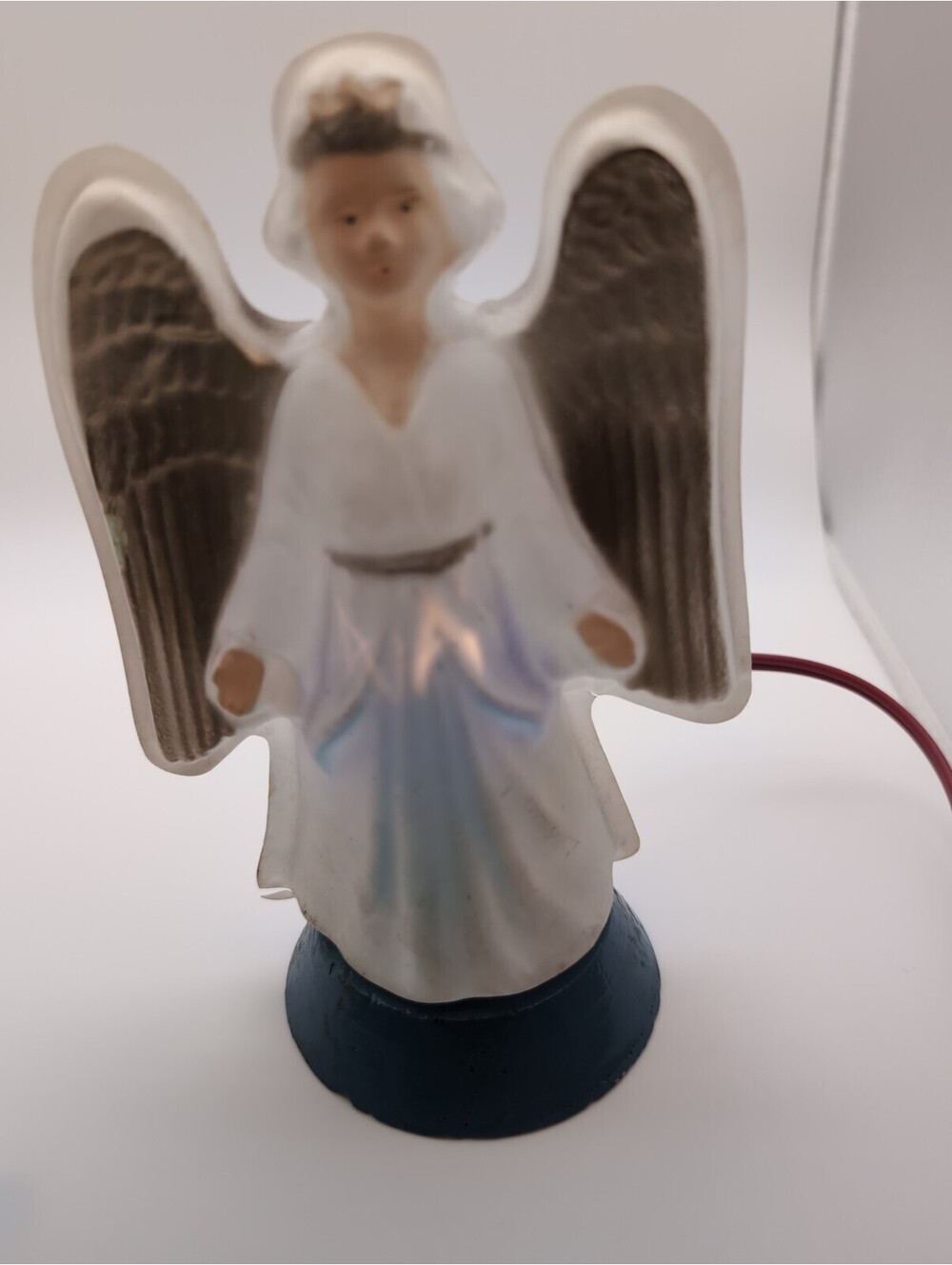 Vintage Timco Illuminated Plastic Angel Tabletop Wood Base Blue Light Bulb Works